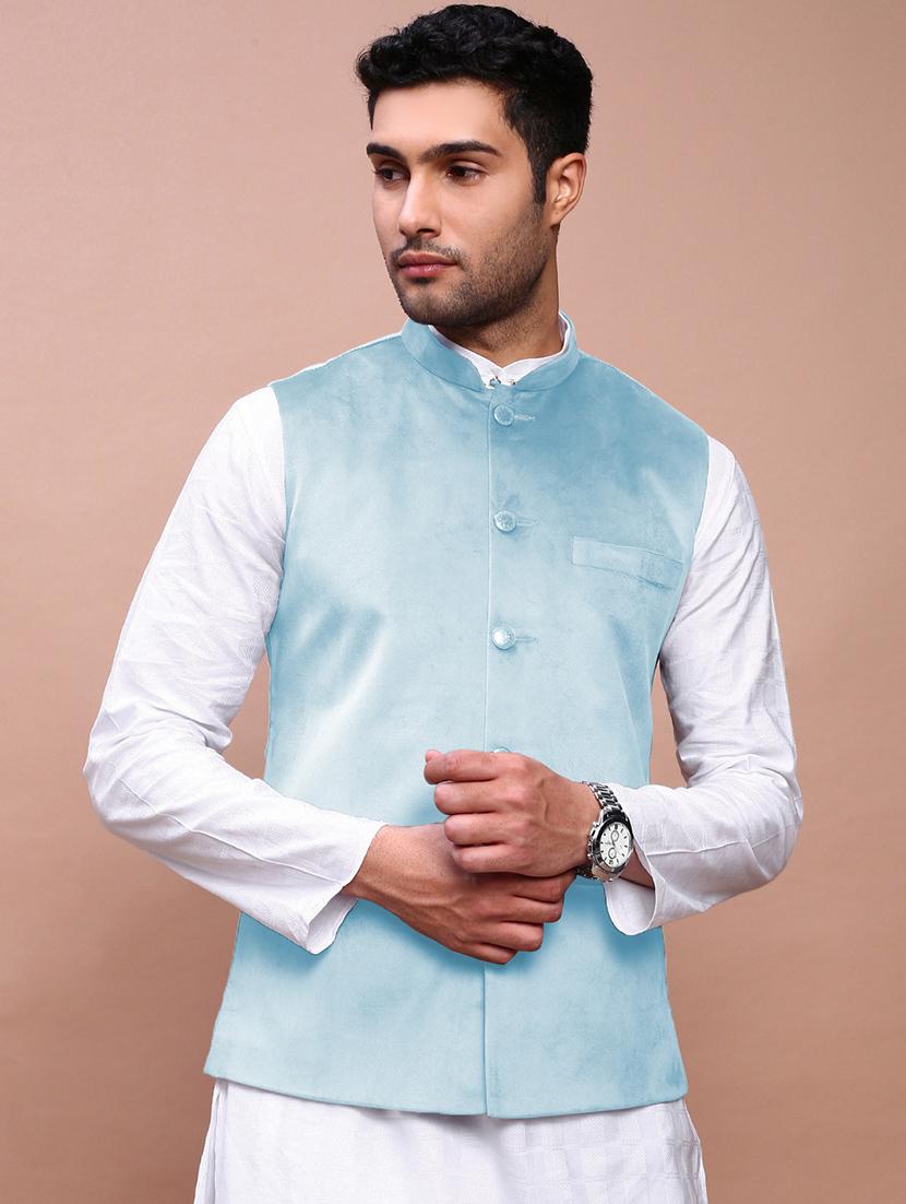 men's light blue velvet festive nehru jacket - 21933419 - Standard Image - 1