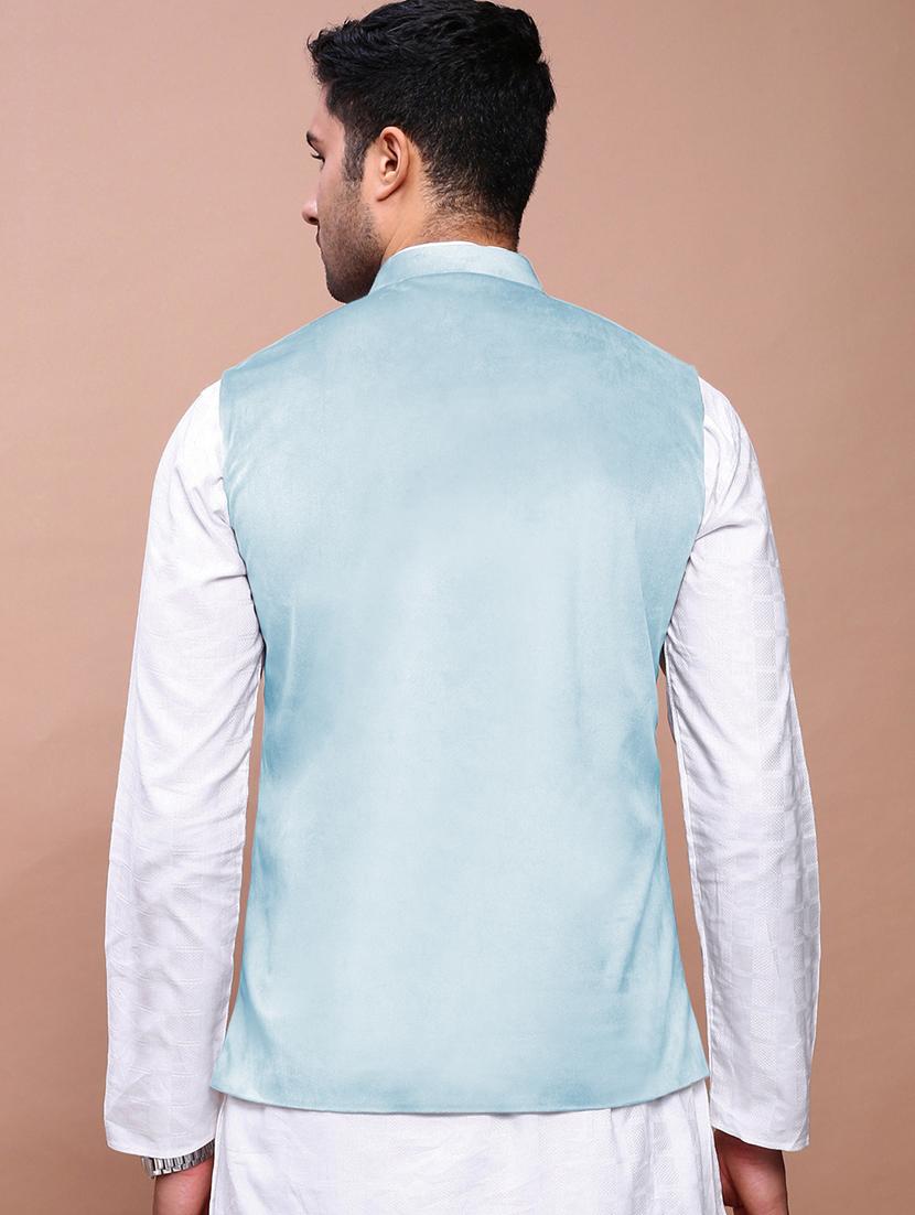 men's light blue velvet festive nehru jacket - 21933419 - Standard Image - 4
