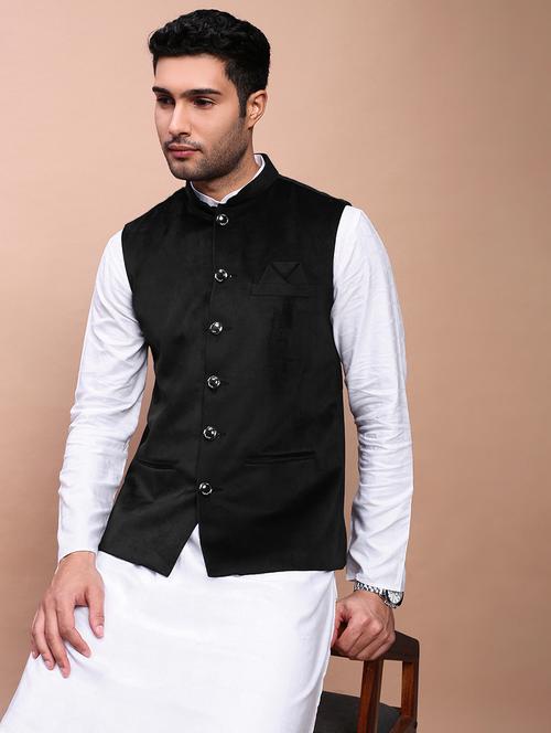 men's black velvet solid nehru jacket ethnic - 21933420 - Standard Image - 0