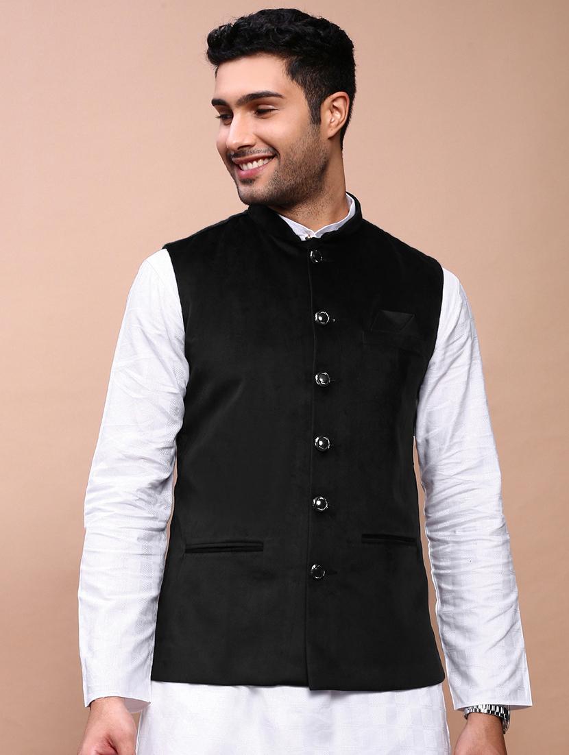 men's black velvet solid nehru jacket ethnic - 21933420 - Standard Image - 1
