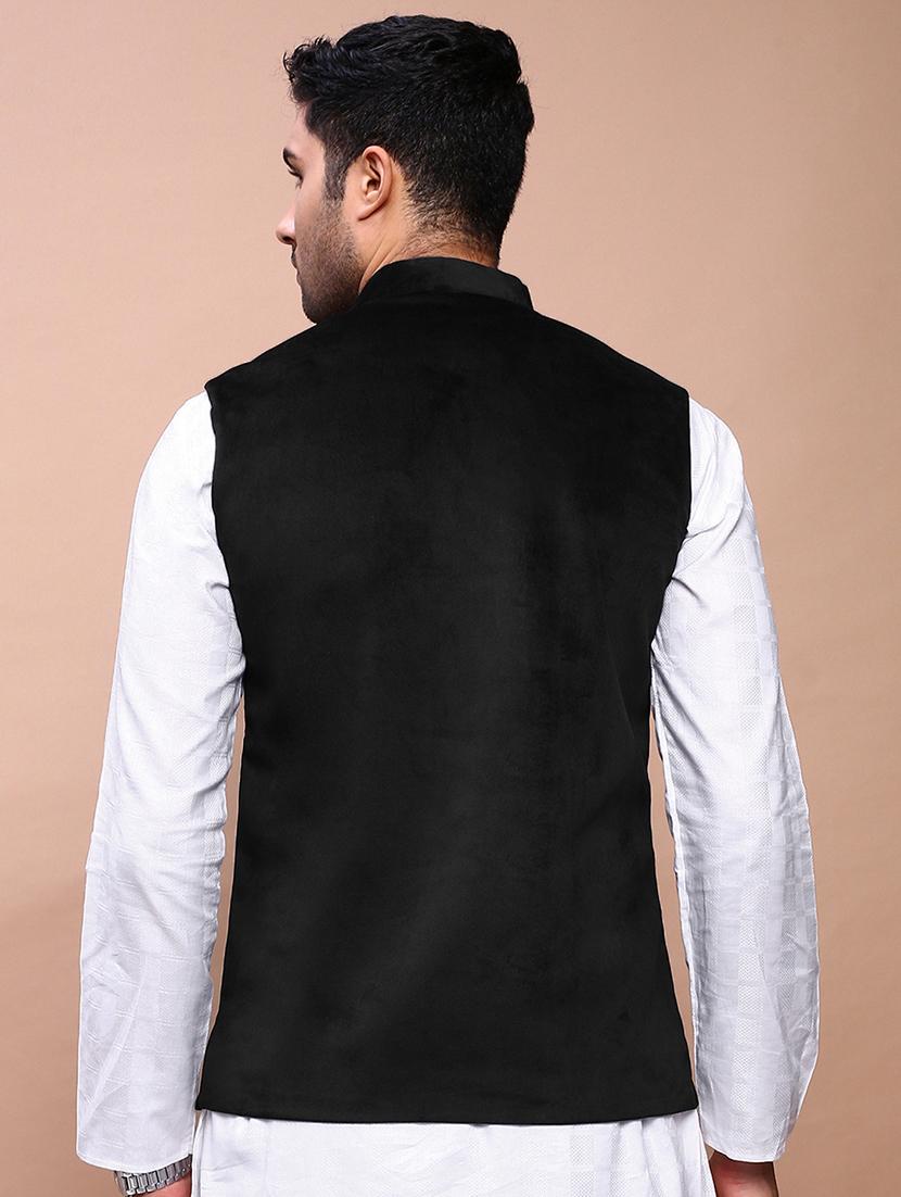 men's black velvet solid nehru jacket ethnic - 21933420 - Standard Image - 4