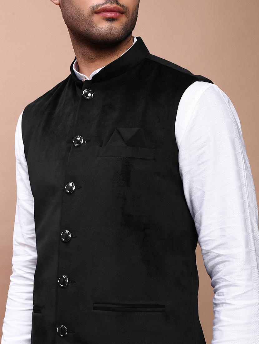 men's black velvet solid nehru jacket ethnic - 21933420 - Standard Image - 6