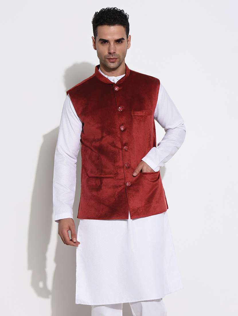 men solid mandarin neck regular fit nehru jacket - 21933421 - Standard Image - 1