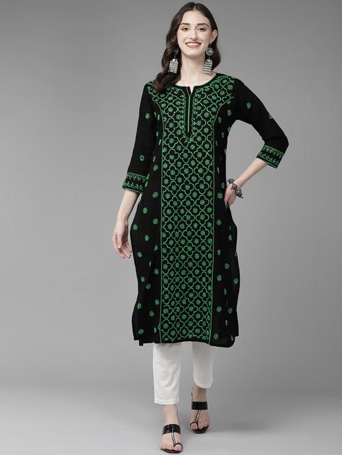 women chikankari three quarter sleeve straight kurta - 21933425 -  Standard Image - 0