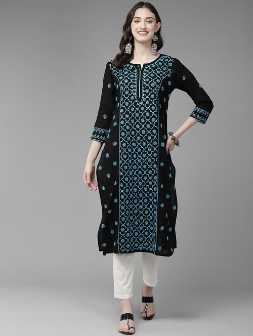 women chikankari three quarter sleeve straight kurta - 21933427 - Standard Image - 0