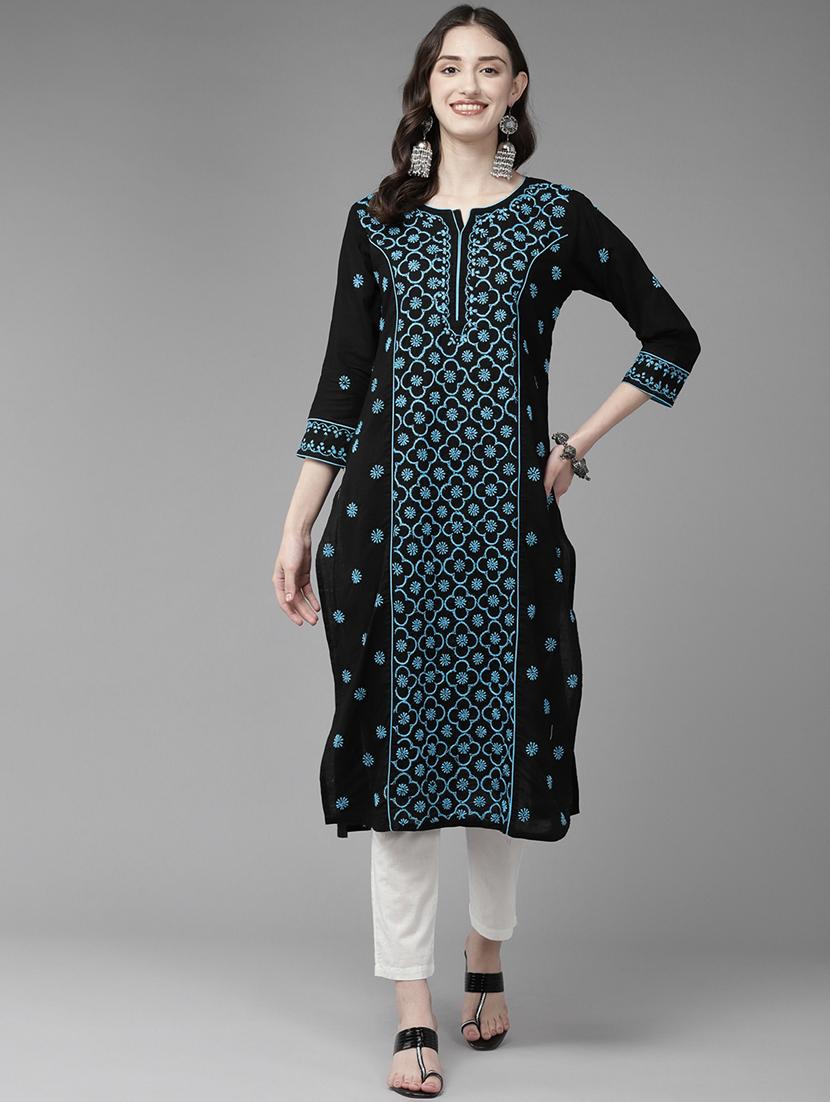 women chikankari three quarter sleeve straight kurta - 21933427 - Zoom Image - 0
