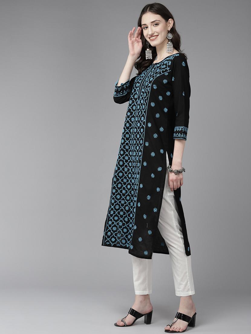 women chikankari three quarter sleeve straight kurta - 21933427 - Standard Image - 1
