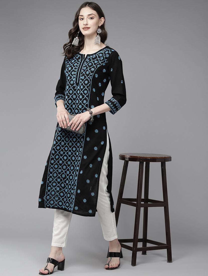 women chikankari three quarter sleeve straight kurta - 21933427 - Standard Image - 4