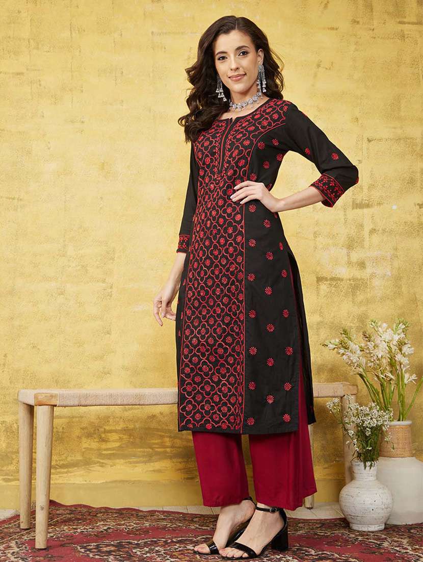 women chikankari three quarter sleeve straight kurta - 21933428 -  Standard Image - 1