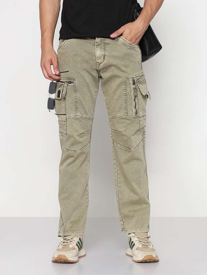men solid mid rise denim cargo