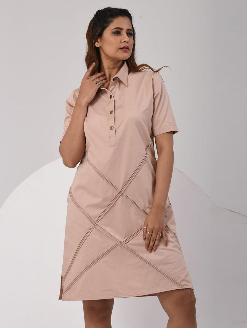 women solid short sleeve collared a-line dress - 21933468 -  Standard Image - 1
