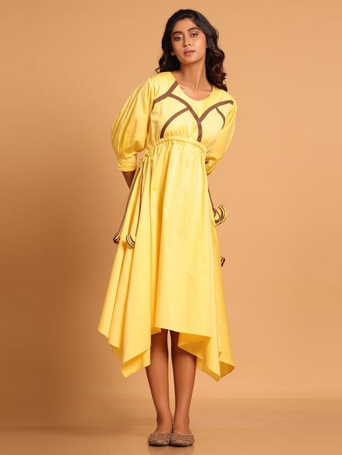 women solid puff sleeves asymmetric dress - 21933471 - Standard Image - 0