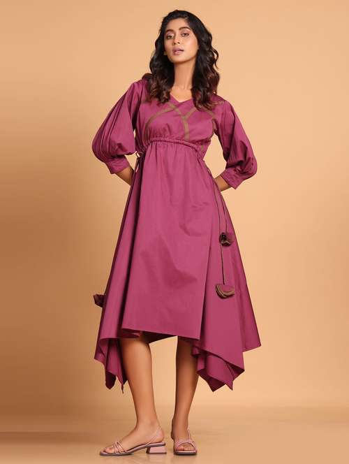 women solid puff sleeves asymmetric dress - 21933473 -  Standard Image - 0