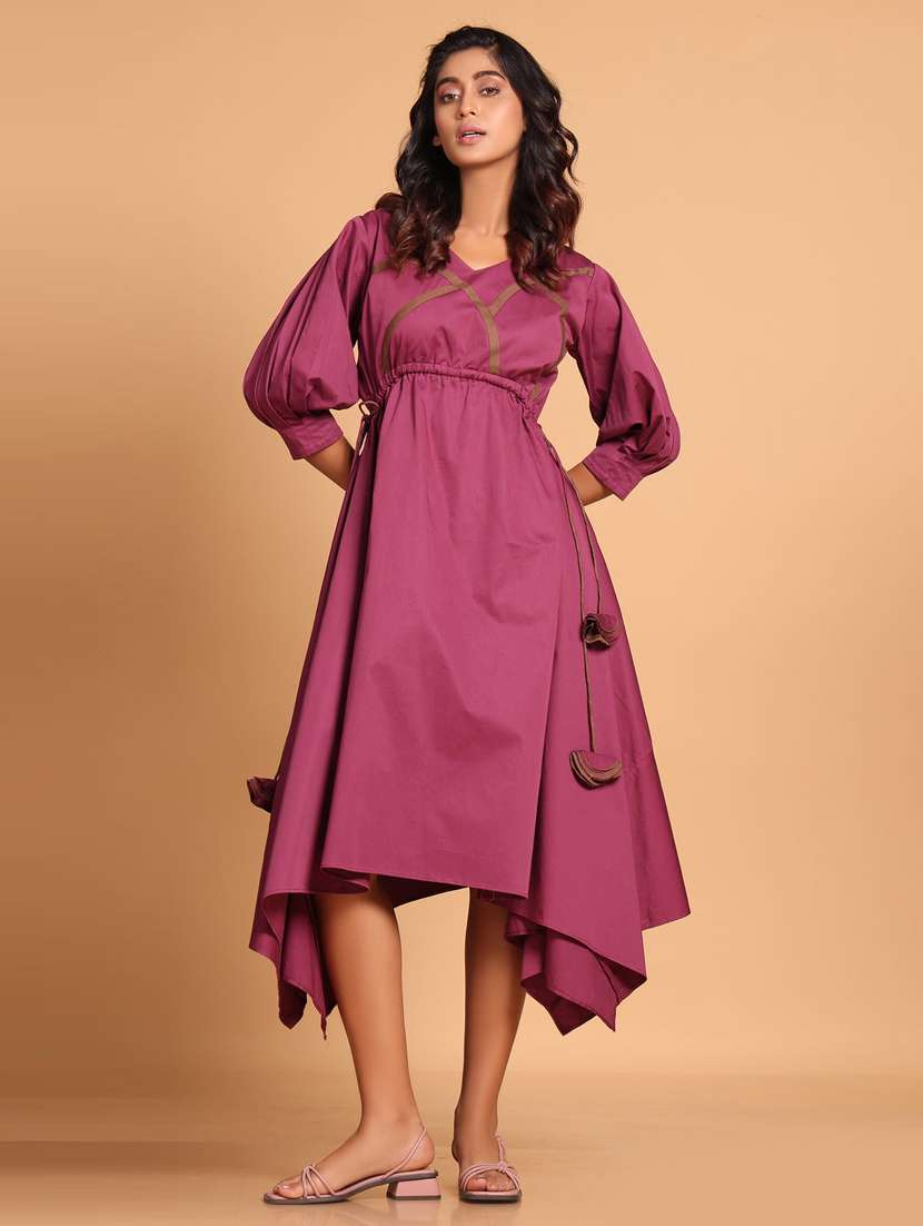 women solid puff sleeves asymmetric dress