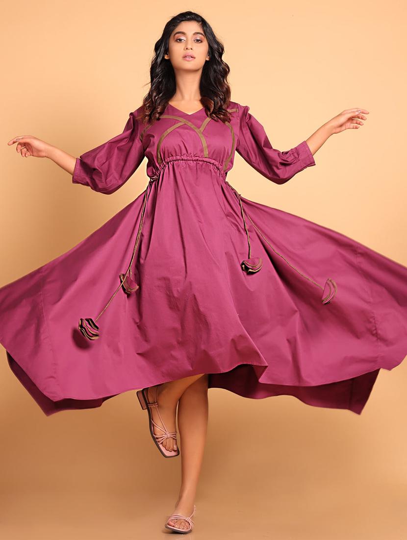 women solid puff sleeves asymmetric dress - 21933473 - Standard Image - 1