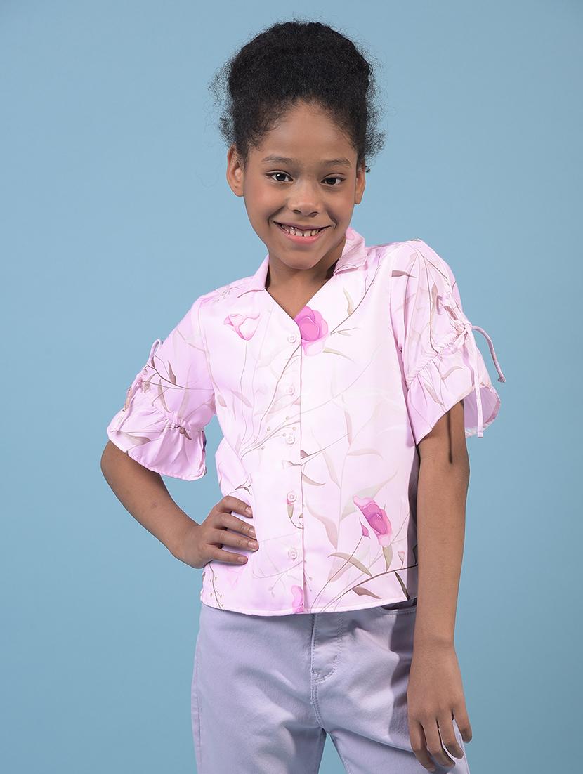 girls printed collared puff sleeve shirt