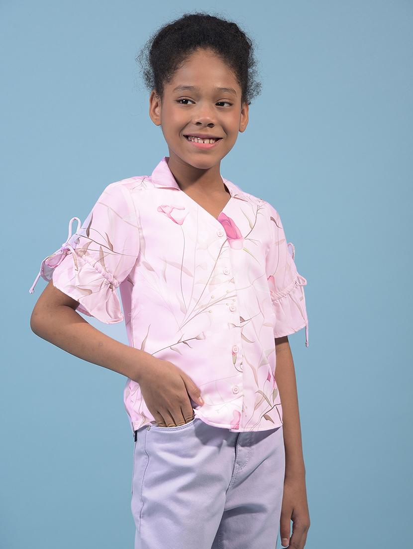girls printed collared puff sleeve shirt - 21933585 -  Standard Image - 1