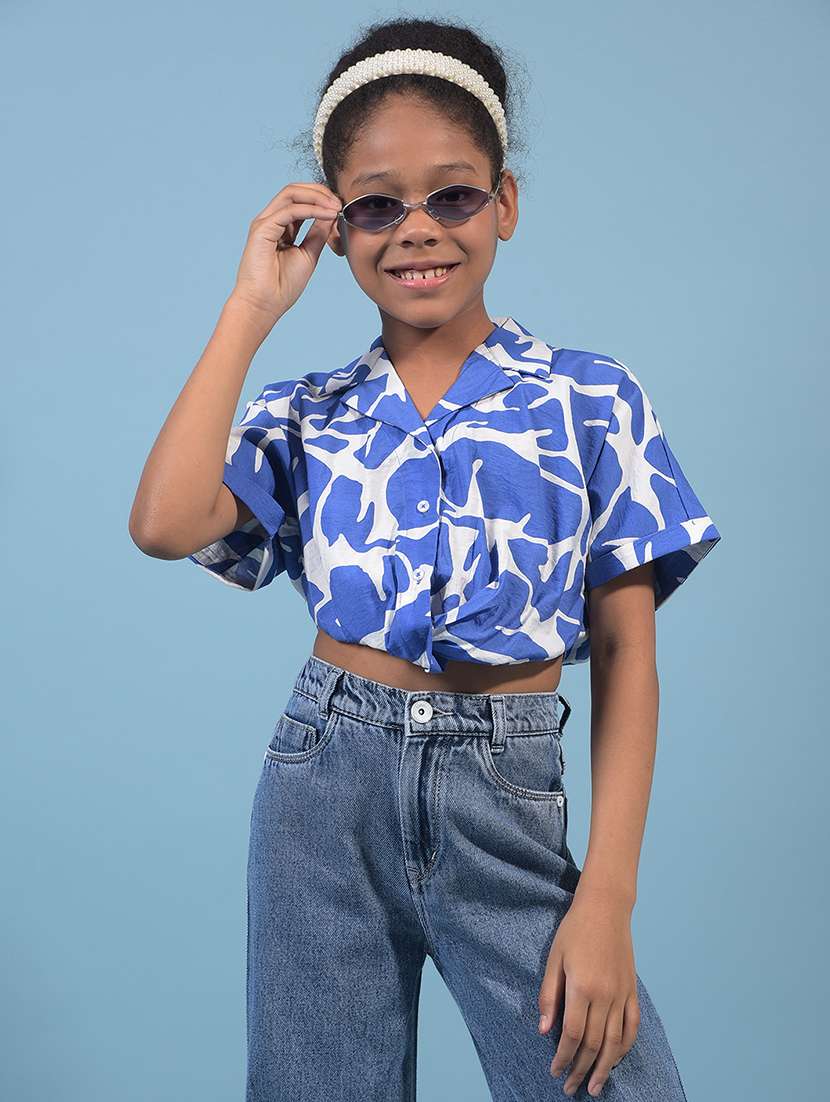 girls printed lapel collared crop shirt