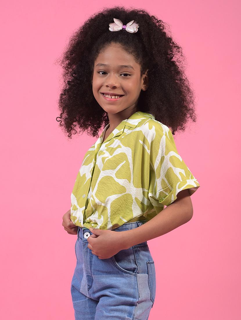 girls printed lapel collared crop shirt - 21933587 - Standard Image - 1