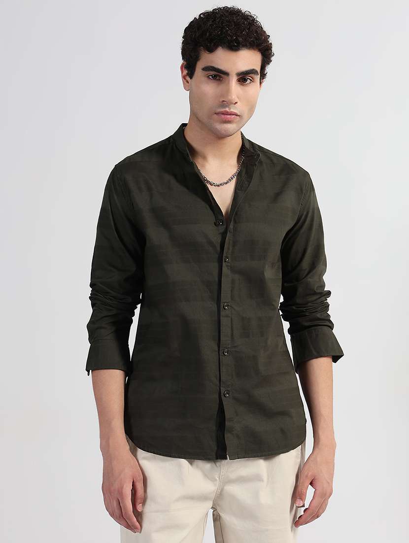 men striped long sleeve mandarin neck shirt - 21933666 -  Standard Image - 1