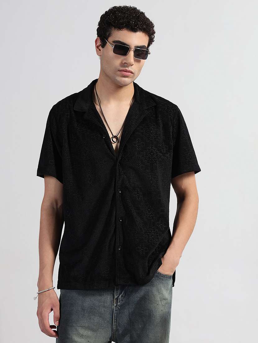 men textured cuban collar short sleeve loose fit shirt - 21933670 -  Standard Image - 1