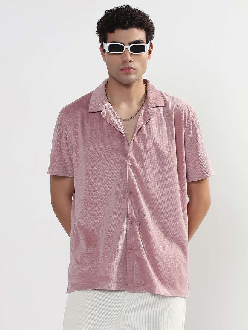 men textured cuban collar short sleeve loose fit shirt - 21933671 -  Standard Image - 1