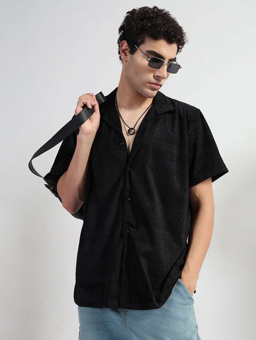 men textured cuban collar short sleeve loose fit shirt