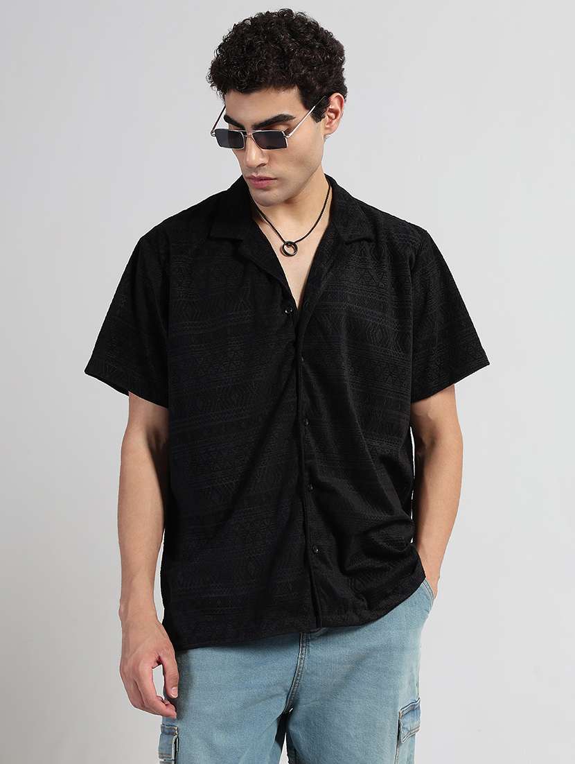 men textured cuban collar short sleeve loose fit shirt - 21933672 -  Standard Image - 1
