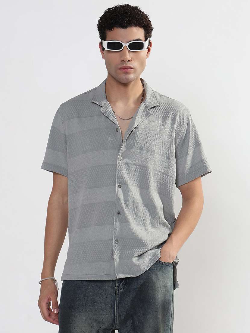 men textured cuban collar short sleeve loose fit shirt - 21933674 -  Standard Image - 1