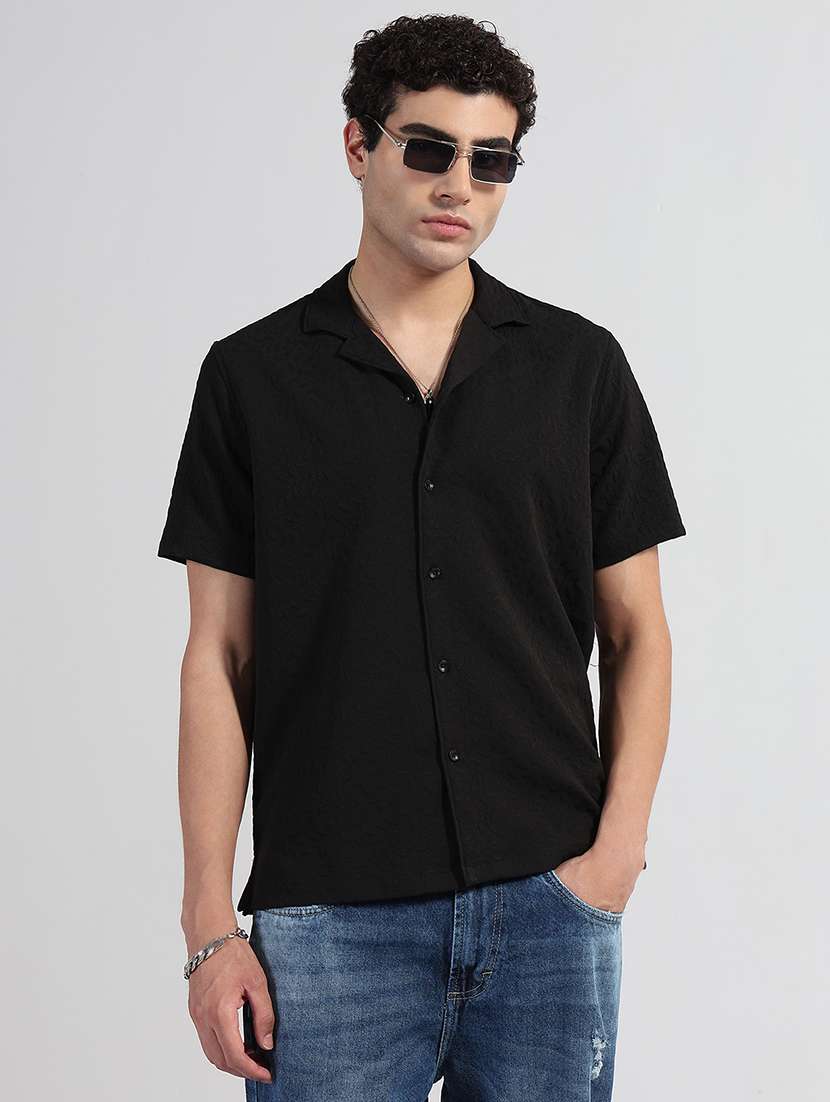 men textured cuban collar short sleeve regular fit shirt - 21933676 -  Standard Image - 1