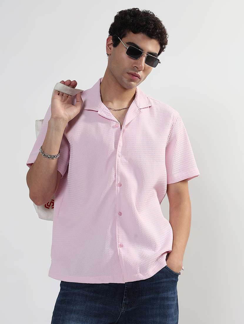men textured cuban collar short sleeve loose fit shirt