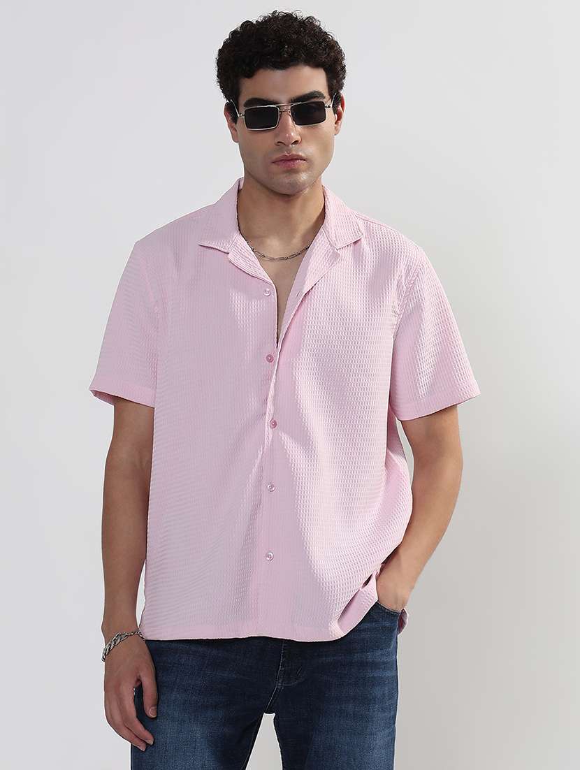 men textured cuban collar short sleeve loose fit shirt - 21933678 -  Standard Image - 1