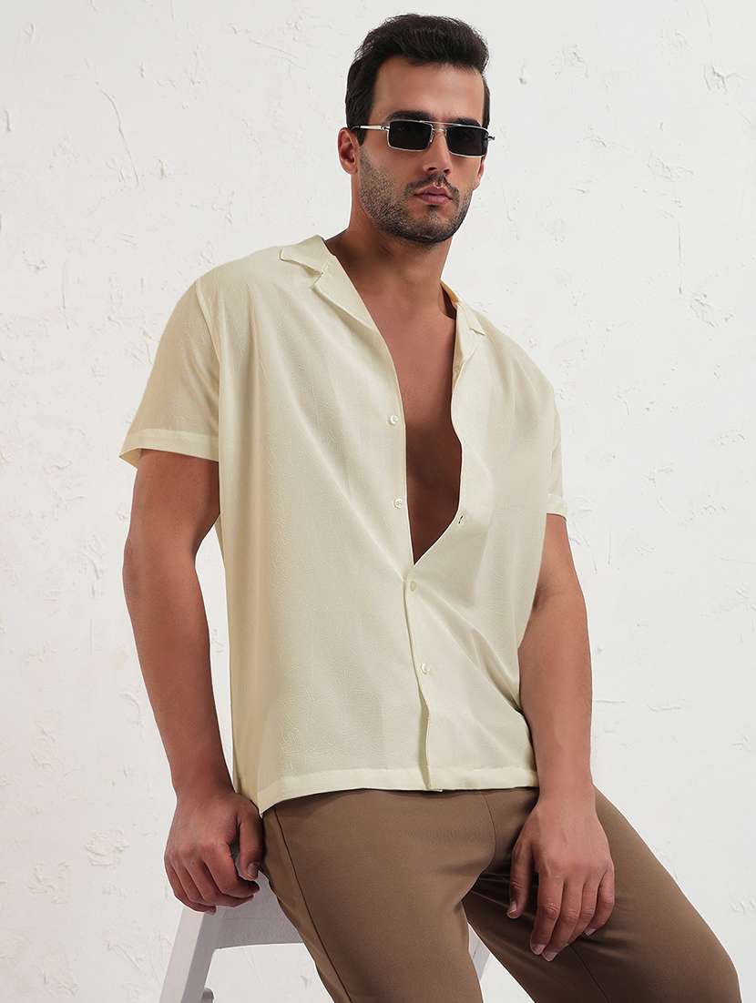 men solid cuban collar short sleeve shirt