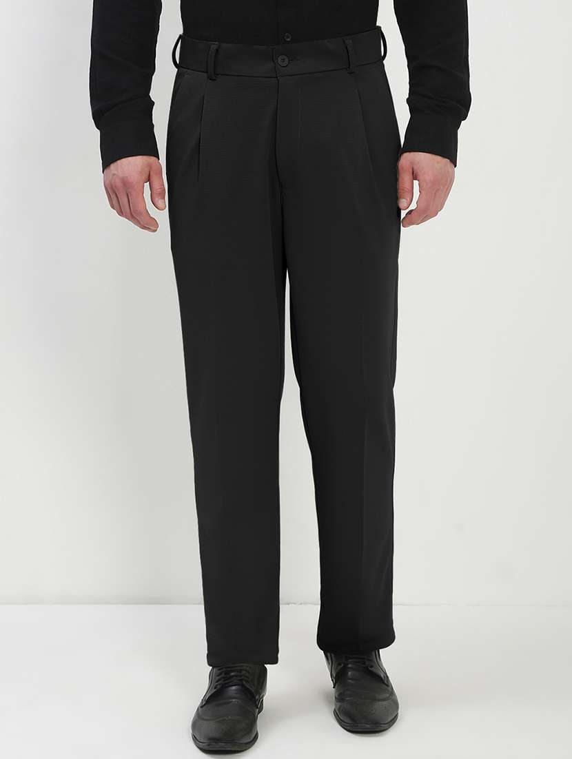 men black solid low rise pleated formal trouser - 21933733 -  Standard Image - 1