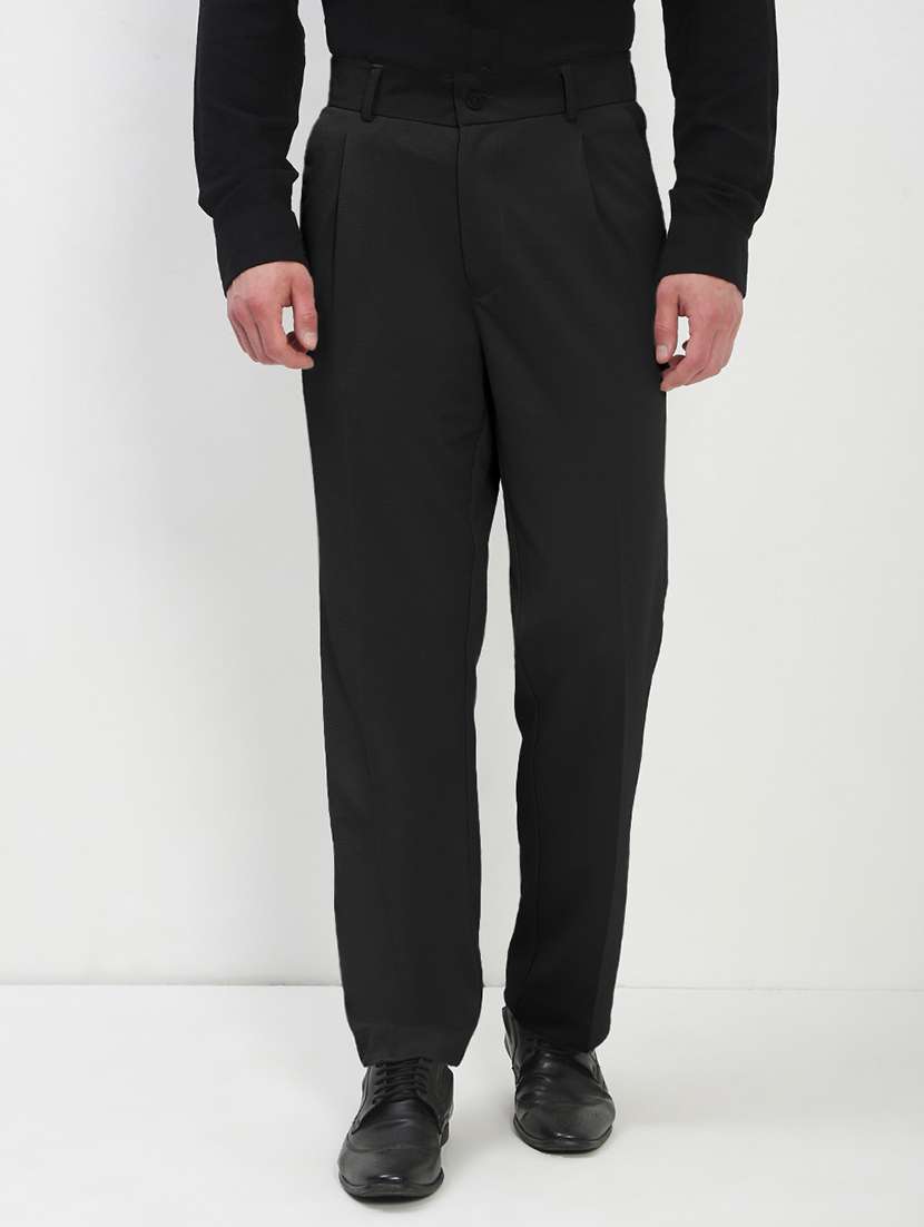 men black solid low rise pleated formal trouser - 21933735 -  Standard Image - 1