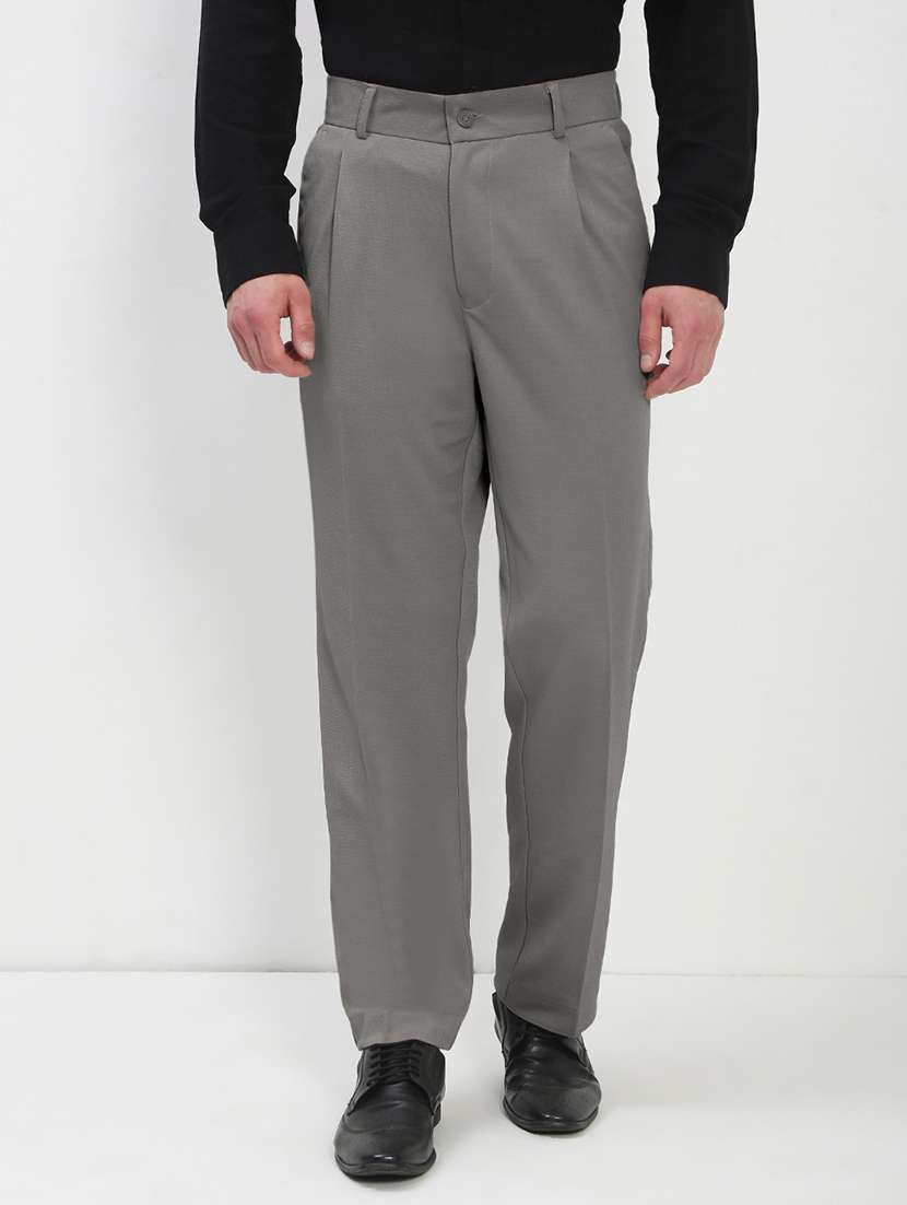 men grey solid low rise pleated formal trouser - 21933736 -  Standard Image - 1