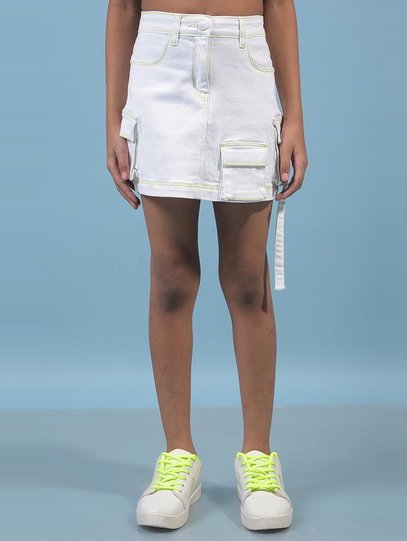 girls white solid high rise cargo skirt