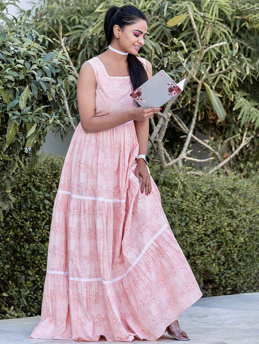 women peach printed tiered maxi dress