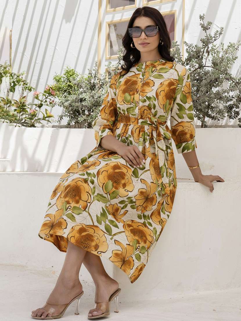women floral three quarter sleeve ethnic dress