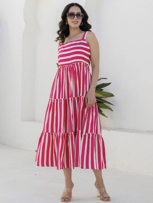 women striped shoulder strap tiered dress - 21933830 - Standard Image - 0