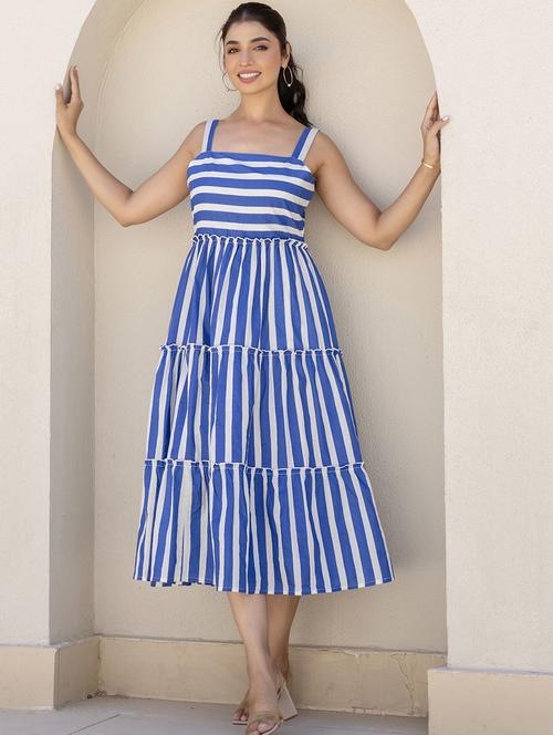 women striped shoulder strap tiered dress - 21933831 - Standard Image - 0
