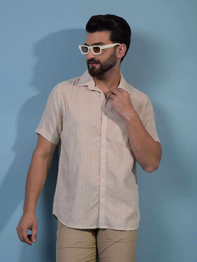 men checkered short sleeve slim fit casual shirt