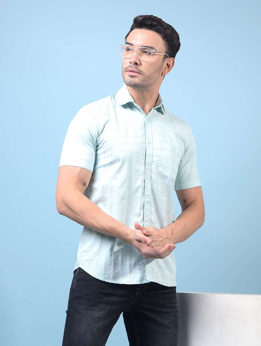 men checkered short sleeve slim fit casual shirt