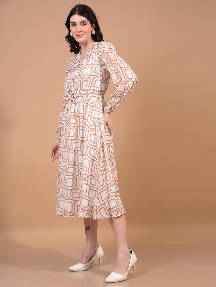 women printed puff sleeves fit & flare dress - 21933955 - Standard Image - 1