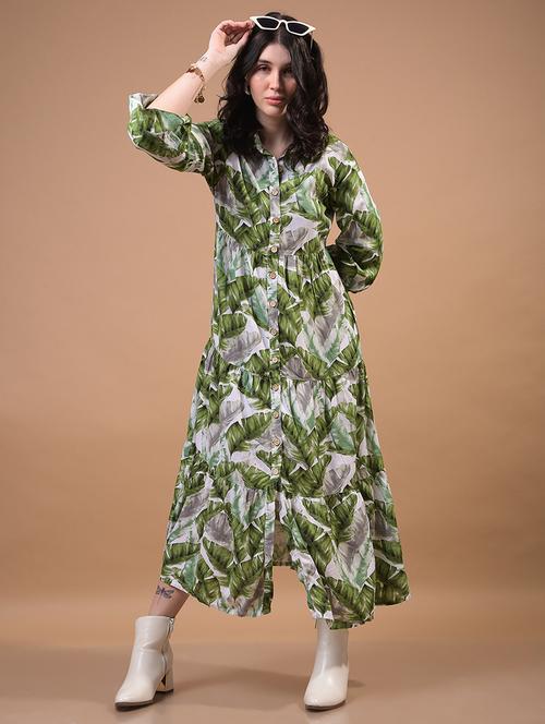 women printed puff sleeves collared tiered dress - 21933963 - Standard Image - 0