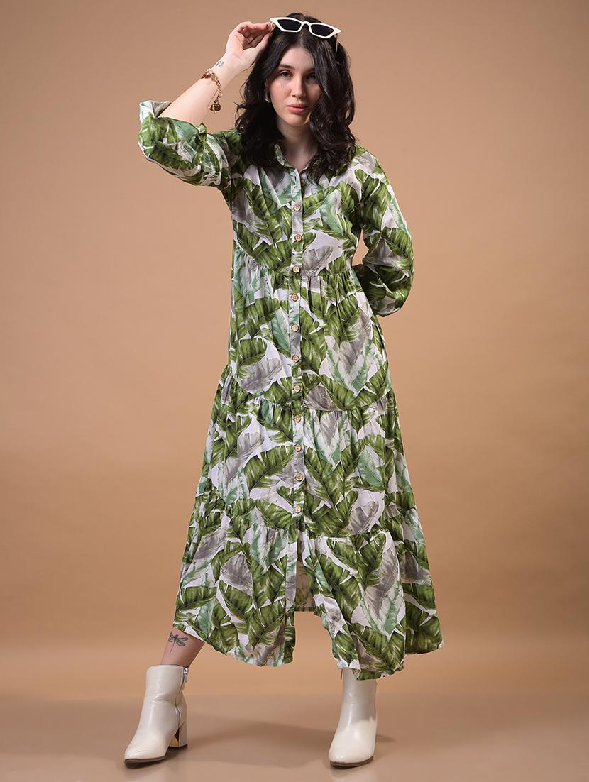 women printed puff sleeves collared tiered dress - 21933963 - Zoom Image - 0