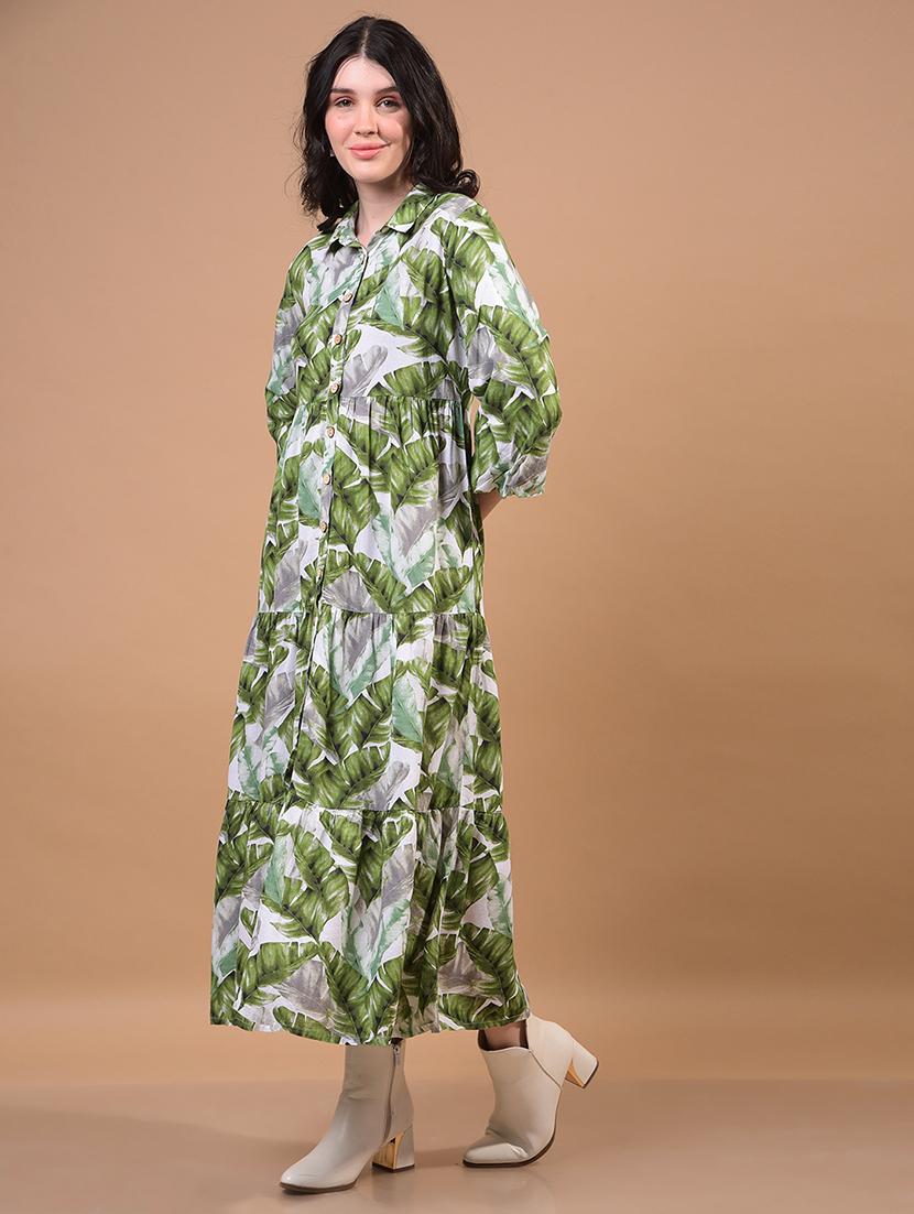 women printed puff sleeves collared tiered dress - 21933963 - Standard Image - 1