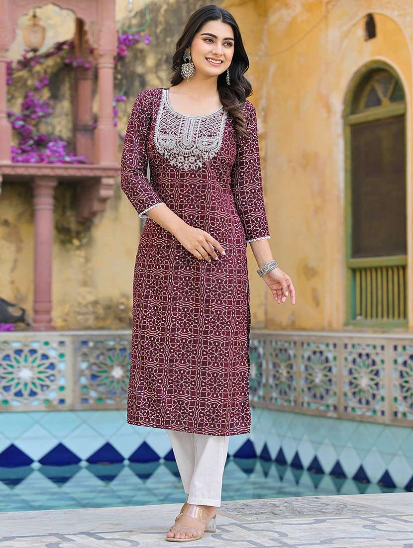 women three quarter sleeve straight kurta - 21933986 -  Standard Image - 1