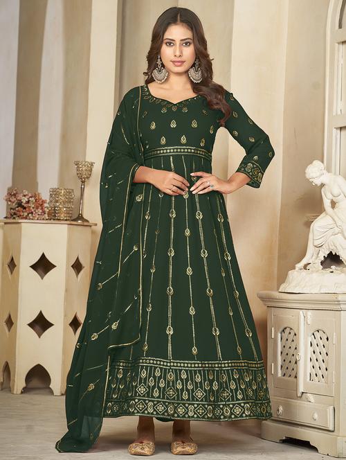 women embroidered three quarter sleeve semi-stitched suit set - 21934000 -  Standard Image - 0