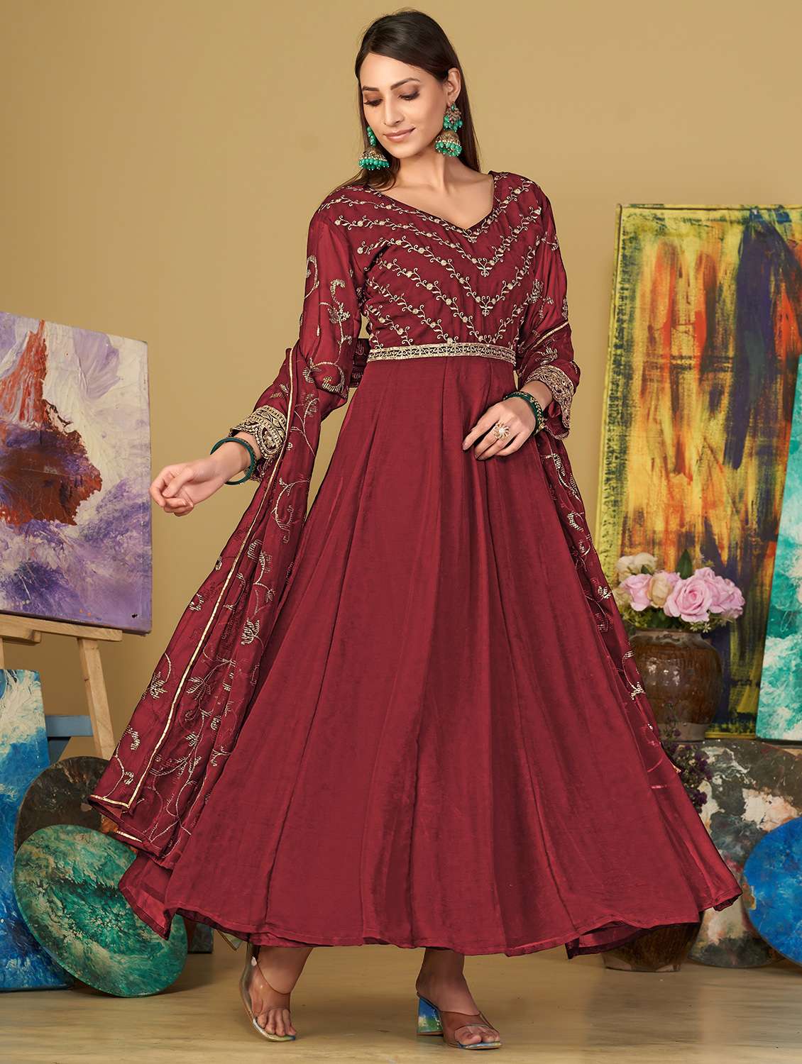 women embroidered semi-stitched anarkali suit set - 21934007 -  Zoom Image - 0
